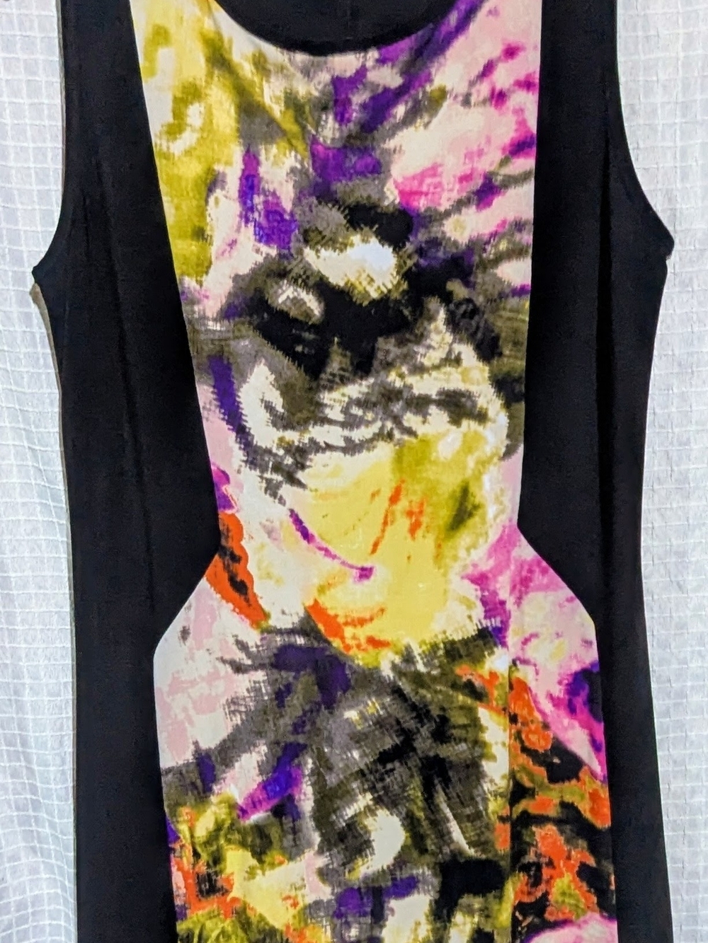 Sleeveless Asymmetrical Panel Dress - Black with Multicolor Abstract